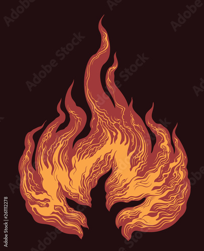 Tongue of Fire. Hand drawn engraving. Editable vector vintage illustration. Isolated on dark background. 8 EPS