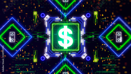 USA dollar money sign futuristic illustration. Money symbol on neon background