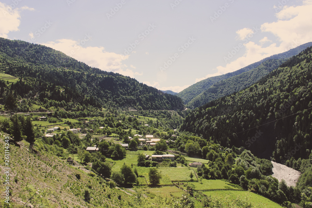 Small Village in a valley of a Caucasus Mountain
