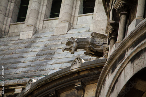 Details of an old Catholic cathedral, gargoyles, chimeras, arches, columns, sculpted facades. photo