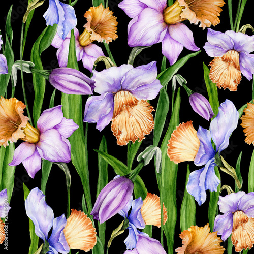 Beautiful narcissus flowers in seamless floral pattern. Spring background. Wa...
