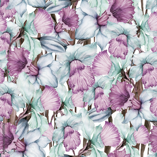 Beautiful narcissus flowers in seamless floral pattern. Spring background. Wa...