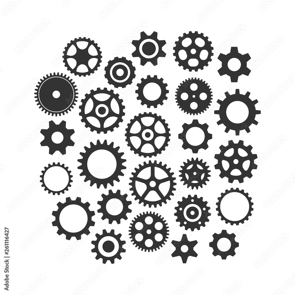 Cog wheels gear black vector icon set. Cogwheel gear varios isolated icon collection. Cog wheels gear black vector icon set. Cogwheel gear varios isolated icon collection.