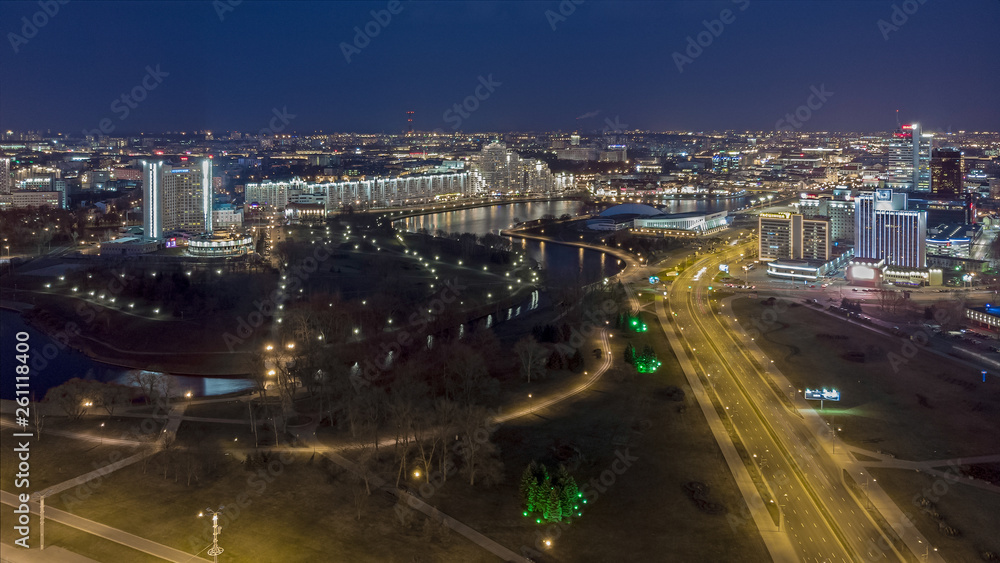 Fototapeta premium View of Night Minsk, Belarus. Drone aerial photo