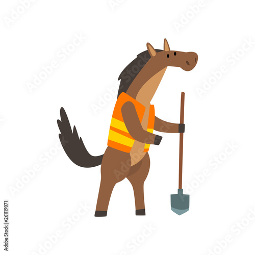 Horse Worker with Shovel, Cute Humanized Animal Cartoon Character Vector Illustration
