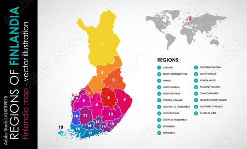 Vector map of Finland and regions COLOR photo
