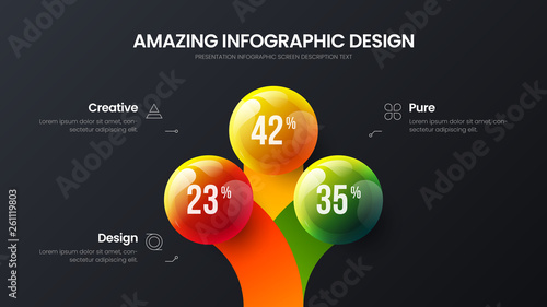 Business 3 option infographic presentation vector 3D colorful balls illustration. Corporate marketing analytics data report design layout. Company statistics information graphic visualization template
