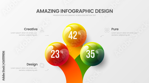 Business 3 option infographic presentation vector 3D colorful balls illustration. Corporate marketing analytics data report design layout. Company statistics information graphic visualization template