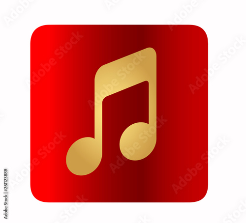 Gold gradient music sign icon on red gradient background isolated. Flat vector button for web site.