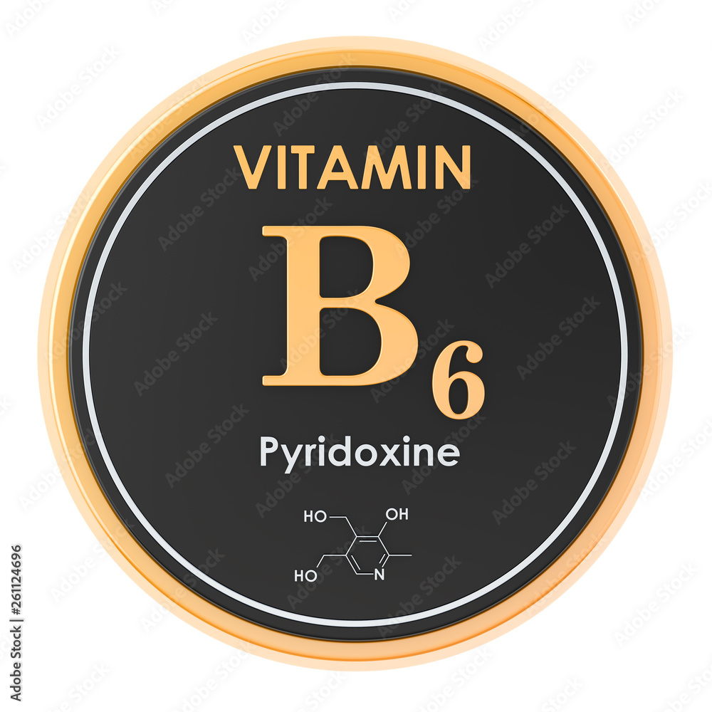 Vitamin B6, pyridoxine. Circle icon, chemical formula, molecular
