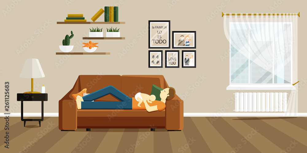 Obraz premium Vector Flat Illustration of Change of Gender Roles. Man on Maternity Leave. Father and Baby Sleeping Together on Sofa. Phrase in Spanish in Illustration means that family is everything