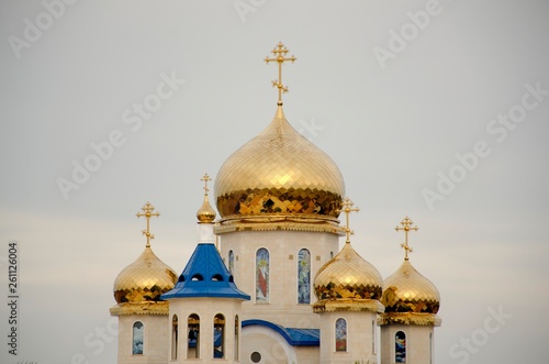 Exterior architecture of Russian Orthodox church in Cyprus and cloudy sky 