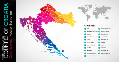 Vector map of Croatia and counties rainbow COLOR photo