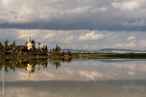 Landscape of Hala Sultan Tekke mosque in Cyprus with cloudy sky