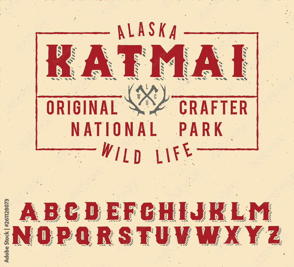 Wild life camp. Katmai national park. Original vintage. Retro style. Serif handmade font.