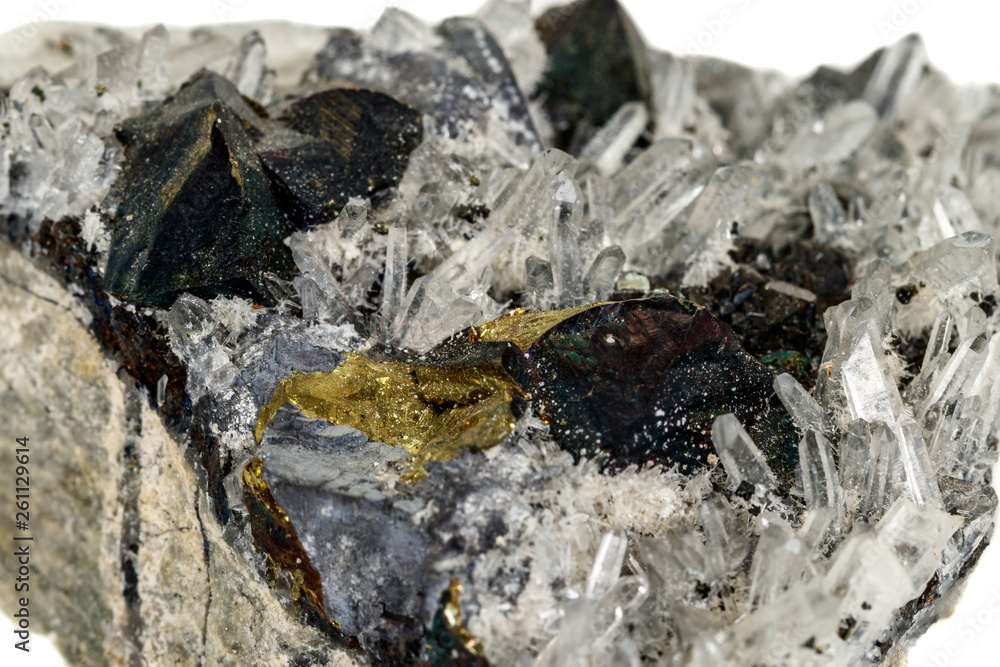 Macro stone mineral Pyrrhotite, quartz, Sphalerite, calcite, Galena on white background Macro stone mineral Pyrrhotite, quartz, Sphalerite, calcite, Galena on white background