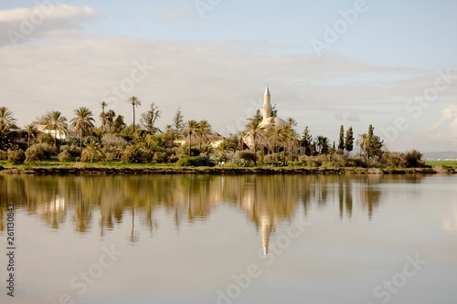 Landscape of Hala Sultan Tekke mosque in Cyprus with cloudy sky