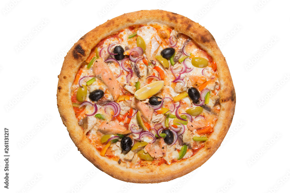 Italian pizza with seafood, flat lay on a white background