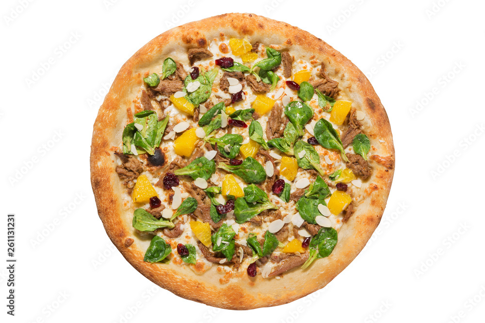 Italian pizza with duck meat and oranges, flat lay on a white background, isolate