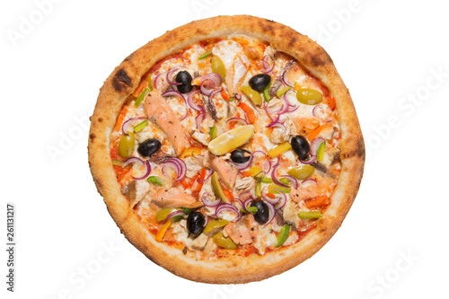 Italian pizza with seafood, flat lay on a white background