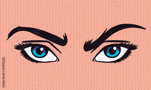 Pop-art vector illustration of frowning eyes. Comic style. Benday dot technique