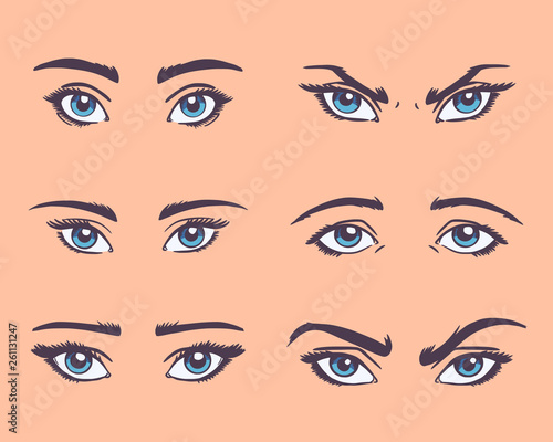 Various types of woman eyes with eyebrows. Set of vector eyes shapes. Comic style.