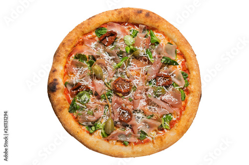 Italian pizza with prosciutto, flat lay, on a white background