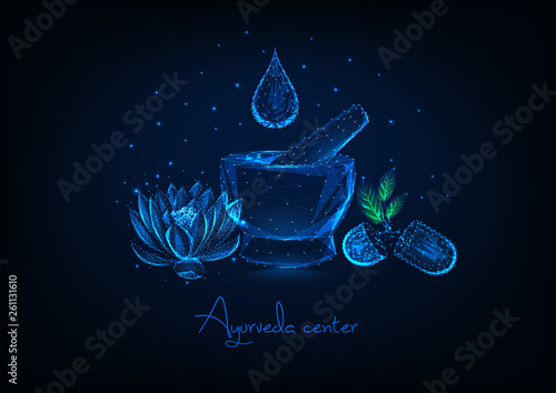 Futuristic ayurveda center concept with mortar, essential oil drop, lotus flower and herbal pills