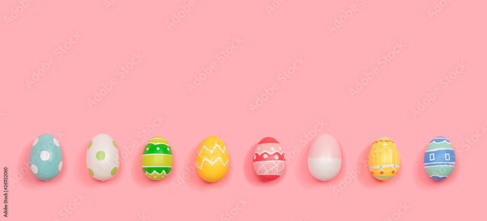 Colorful Easter eggs overhead view flat lay