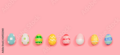 Colorful Easter eggs overhead view flat lay