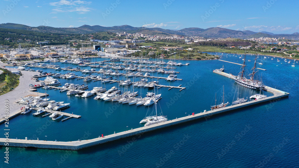 Aerial drone top view photo of mediterranean port with sail boats docked