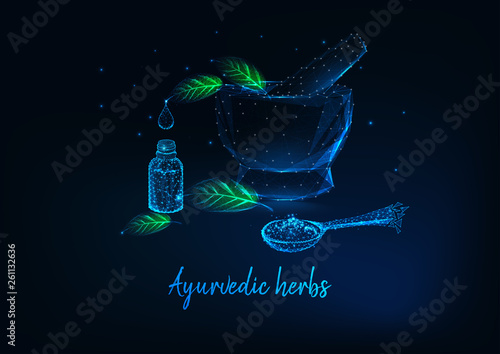 Ayurvedic herbs concept with mortar, leaves, essential oil bottle and spoon with spices.
