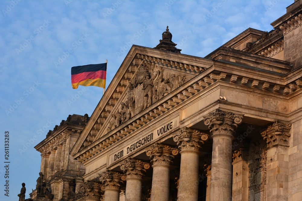 Evening close-up view of the famous Reichstag Building, seat of the German Parliament (Bundestag) in beautiful golden light on October 28, 2015, Berlin Mitte district, Germany