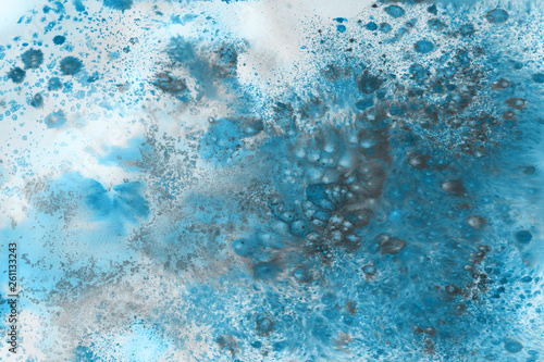 Blue watercolor paper textures on white background. Chaotic abstract organic design.