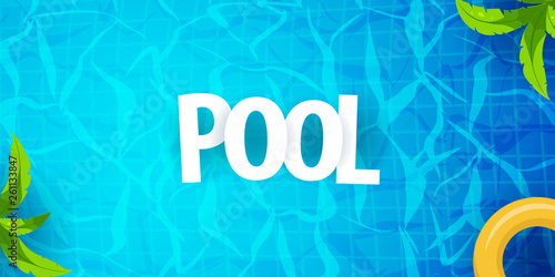 Summer pool party poster template. Water and palms, inflatable yellow mattress. Vector illustration.