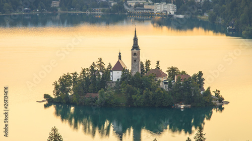 Aerial view of the island in lake Bled