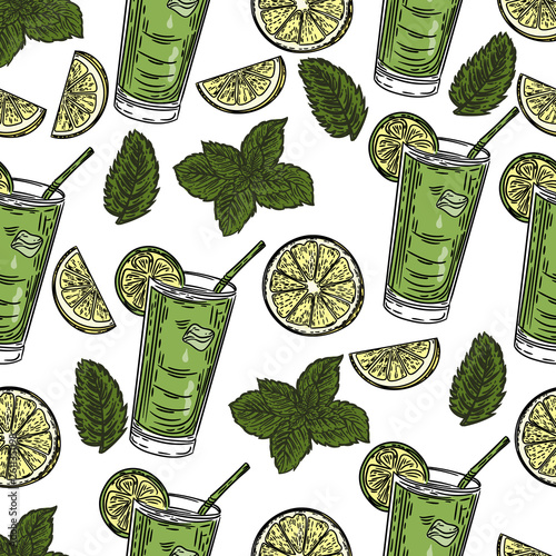 Seamless pattern of mojito cocktail mint and slice of lemon.