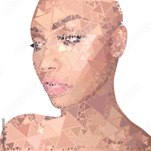 Portrait of a swarthy girl with pink skin, shoulder-length, with make-up, an object consisting of identical squares of different shades, isolated on a white background.