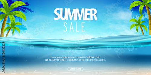 Summer sea party, sale posters. Vector illustration with deep underwater ocean scene. Background with realistic clouds and palms. 