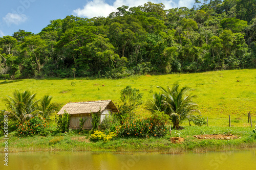 Cabana em beira de pequeno lago de sítio de Guarani, estado de Minas Gerais, Brasil