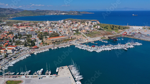 Fototapeta Naklejka Na Ścianę i Meble -  Aerial drone photo of famous port of Lavrio in South Attica where passenger ships travel to popular Aegean destinations, Greece