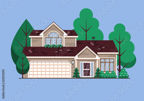 Suburban American single family house. Two store town home with garden trees