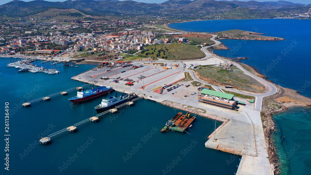 Aerial drone photo of famous port of Lavrio in South Attica where passenger ships travel to popular Aegean destinations, Greece
