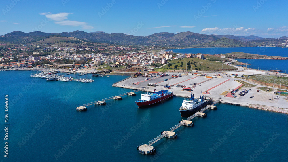 Aerial drone photo of famous port of Lavrio in South Attica where passenger ships travel to popular Aegean destinations, Greece