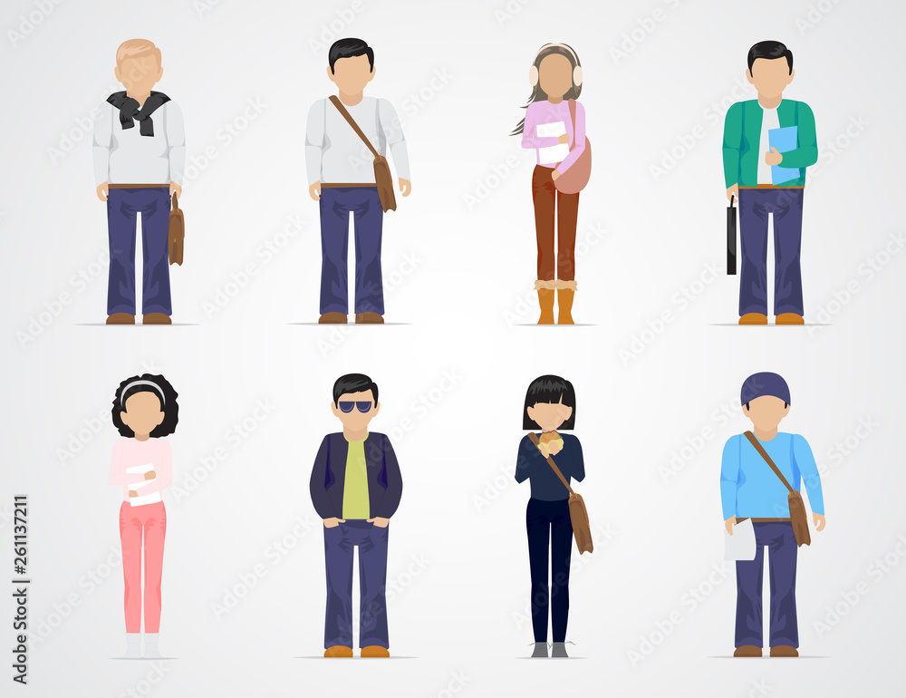 College Students. Diverse College Students - Isolated On Gray Background - Vector Illustration. University People Icon Set. Flat Design Of Young Man And Woman. People With Characters And Professions College Students. Diverse College Students - Isolated On Gray Background - Vector Illustration. University People Icon Set. Flat Design Of Young Man And Woman. People With Characters And Professions
