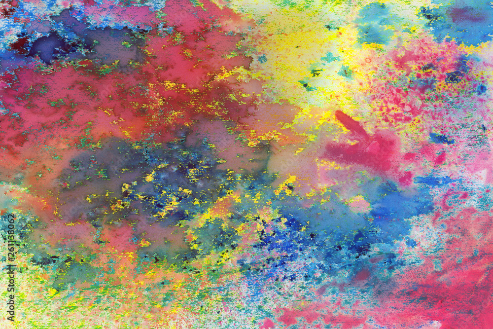 Bright colorful watercolor paper textures on white background. Chaotic abstract organic design.
