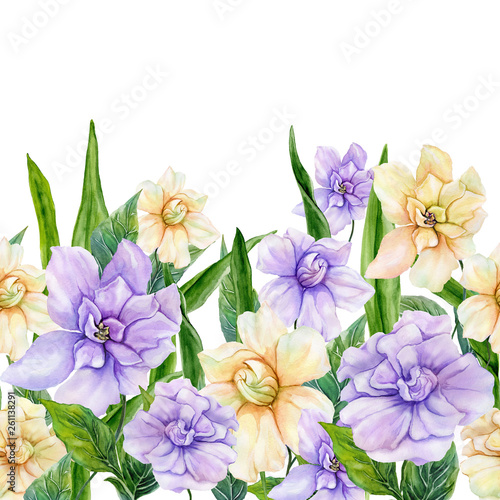Beautiful gardenia flowers with green leaves on white background. Seamless fl...