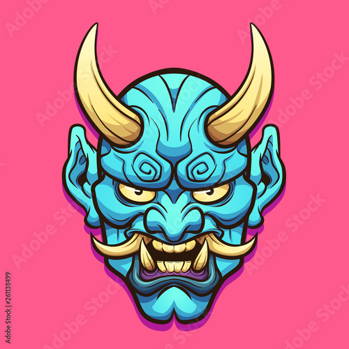 Cartoon blue horned Japanese demon mask clip art. Vector illustration with simple gradients. Some elements on separate layers.