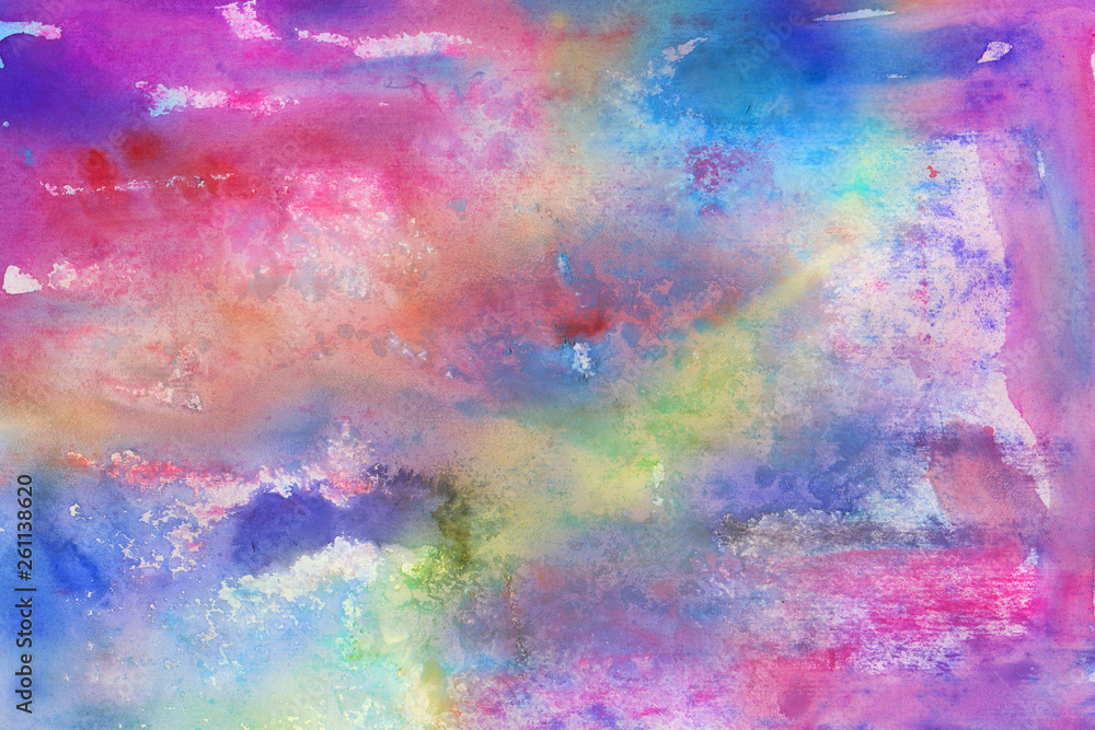 Bright colorful watercolor paper textures on white background. Chaotic abstract organic design.