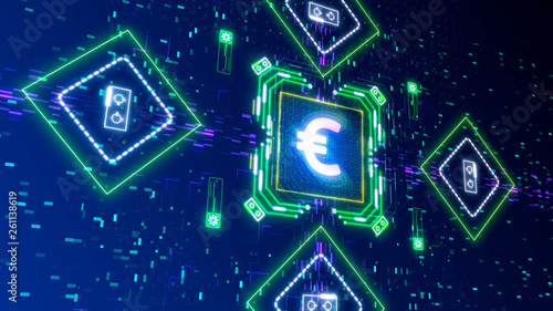 The euro money mining sign concept. Glow neon color and hi-tech cyber security